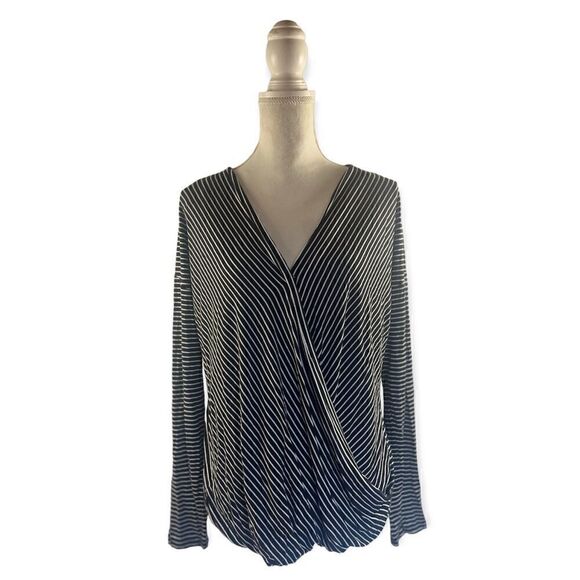 TAHARI LONG SLEEVE SURPLICE STRIPED JERSEY WRAP TOP BLACK WHITE LARGE - Picture 1 of 9